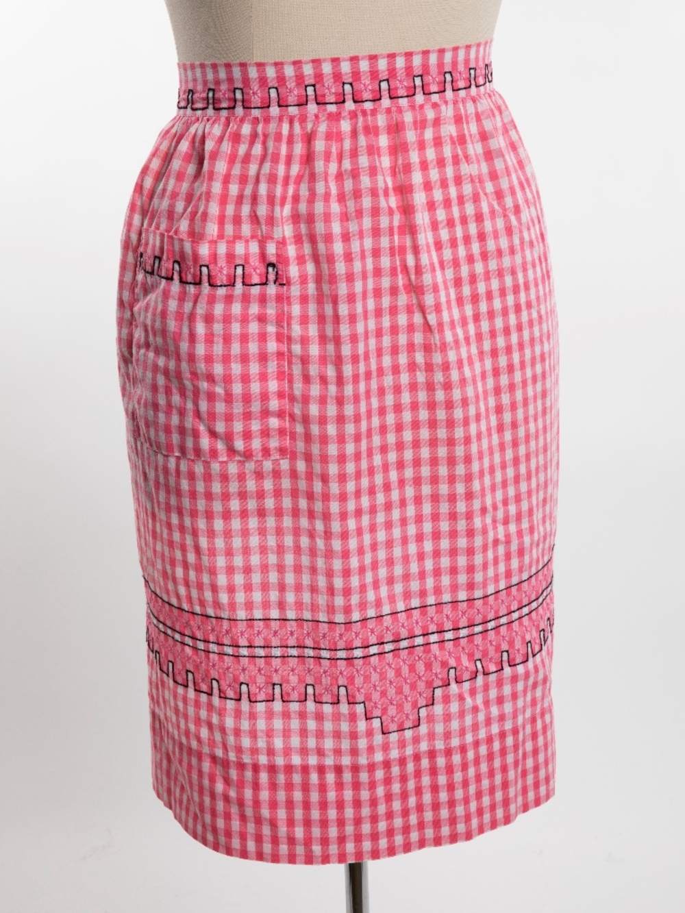 Antique Red & White Gingham Apron with Embroidery